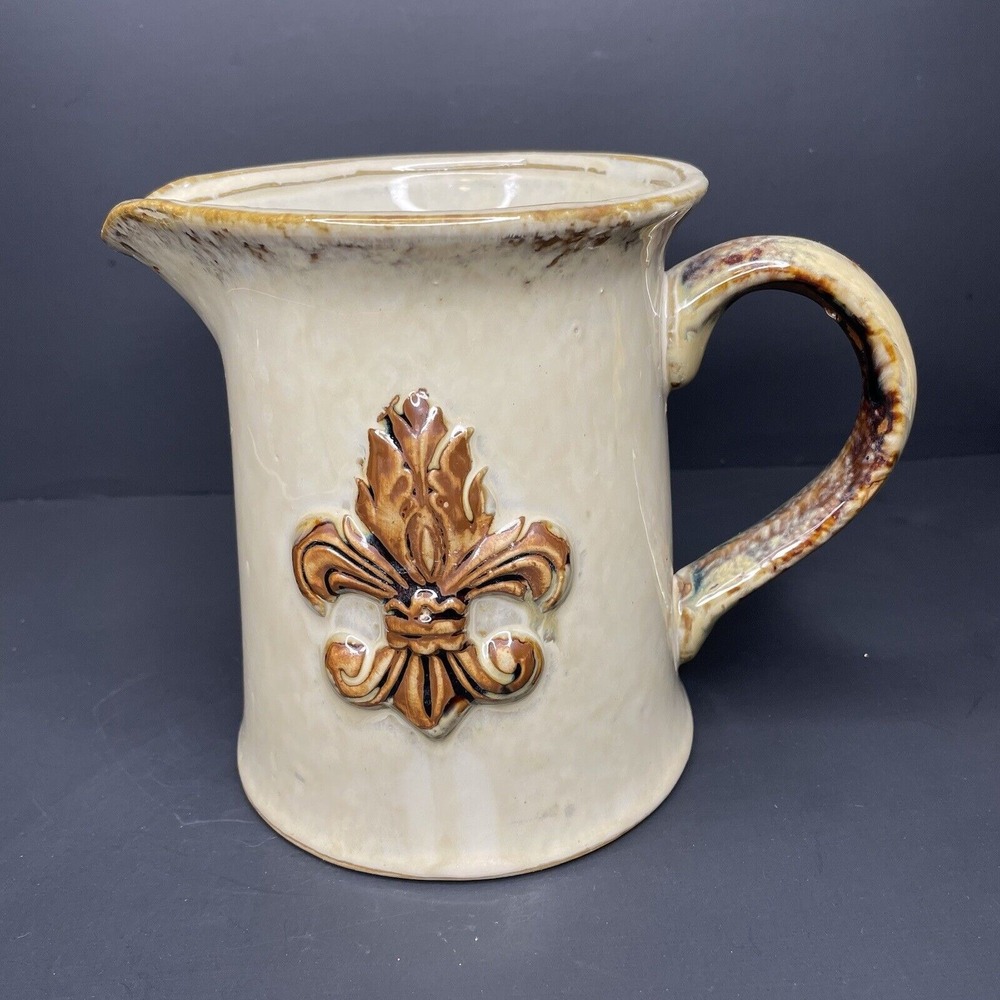 Vintage Art Pottery Pitcher Earth Tone Glazed Fleur De Lis Marked‎ 3041-1 Shine